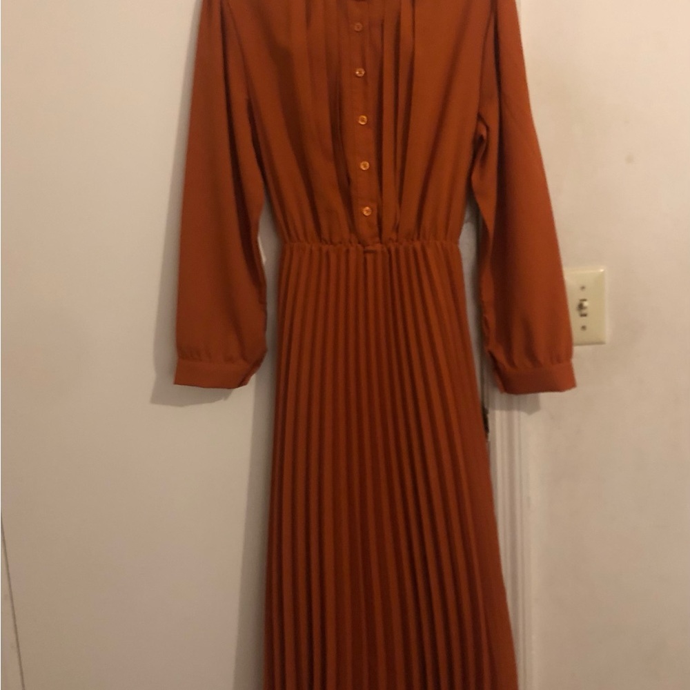 Rust Orange Pleated Midi Dress